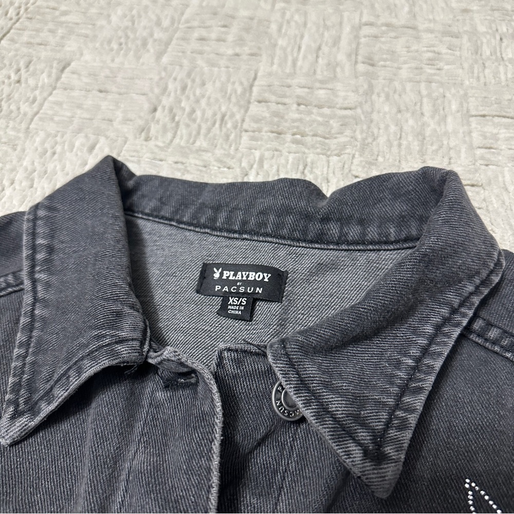 Playboy Pacsun Rhinestone Bling Cropped Black Denim Jacket NWT Logo - Picture 6 of 12